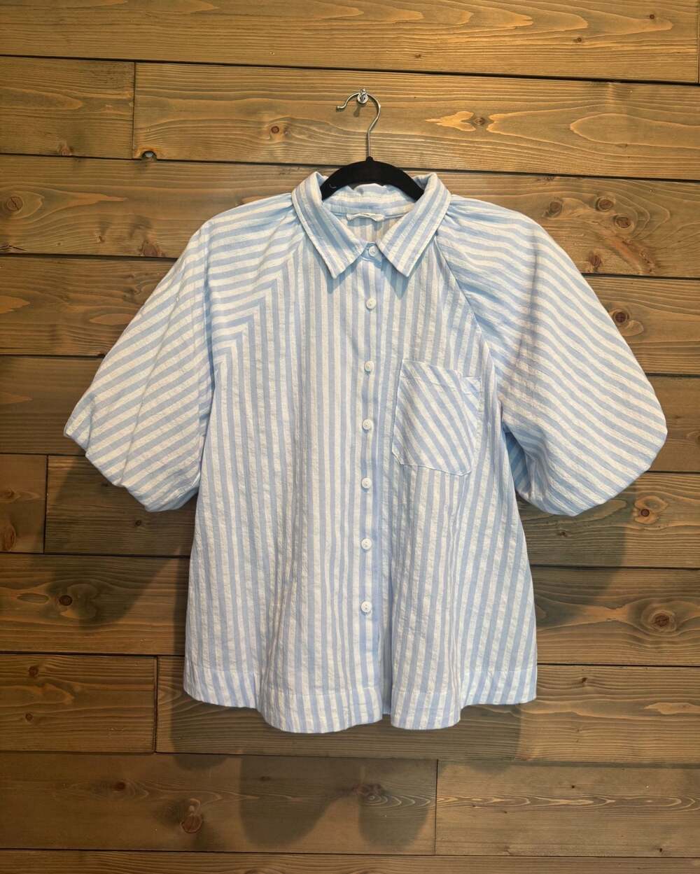 Mittoshop Blue & White Striped Puff Sleeve Button Down Shirt Size M